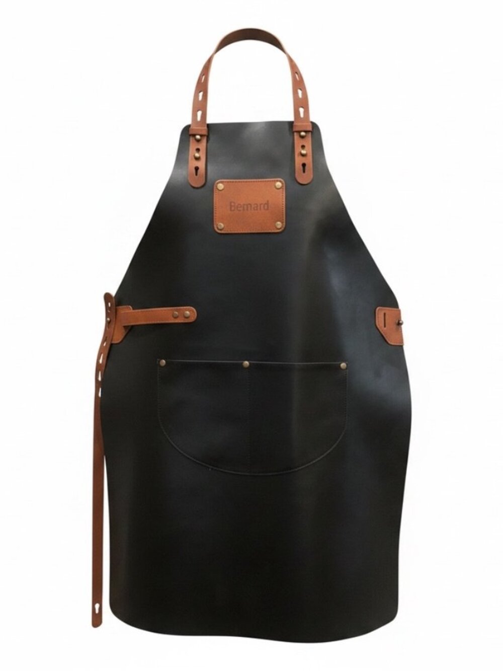 Black Leather BBQ Grilling Apron – Brown Leather Straps – Personalized Bernard